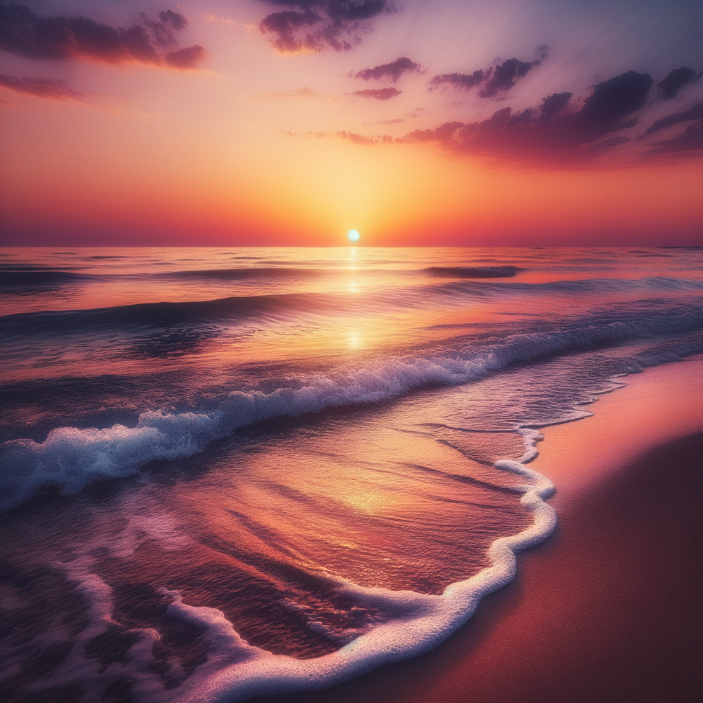 Ocean waves gently lapping at the shore during sunset, conveying tranquility and relaxation.
