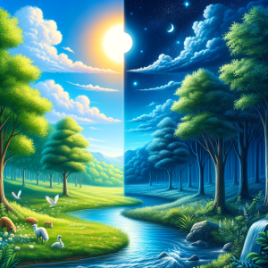 A serene landscape transitioning from daylight to night