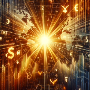 A metaphorical barrier made of financial symbols being overcome by a rising sun.
