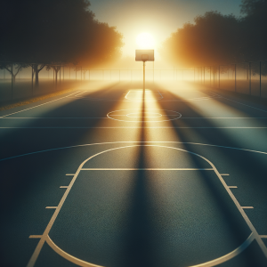 A serene basketball court at dawn, symbolizing overcoming self-doubt
