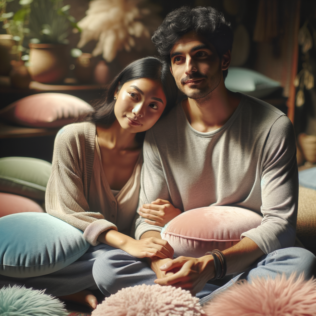 Parent and child sitting together with peaceful expressions in a cozy environment