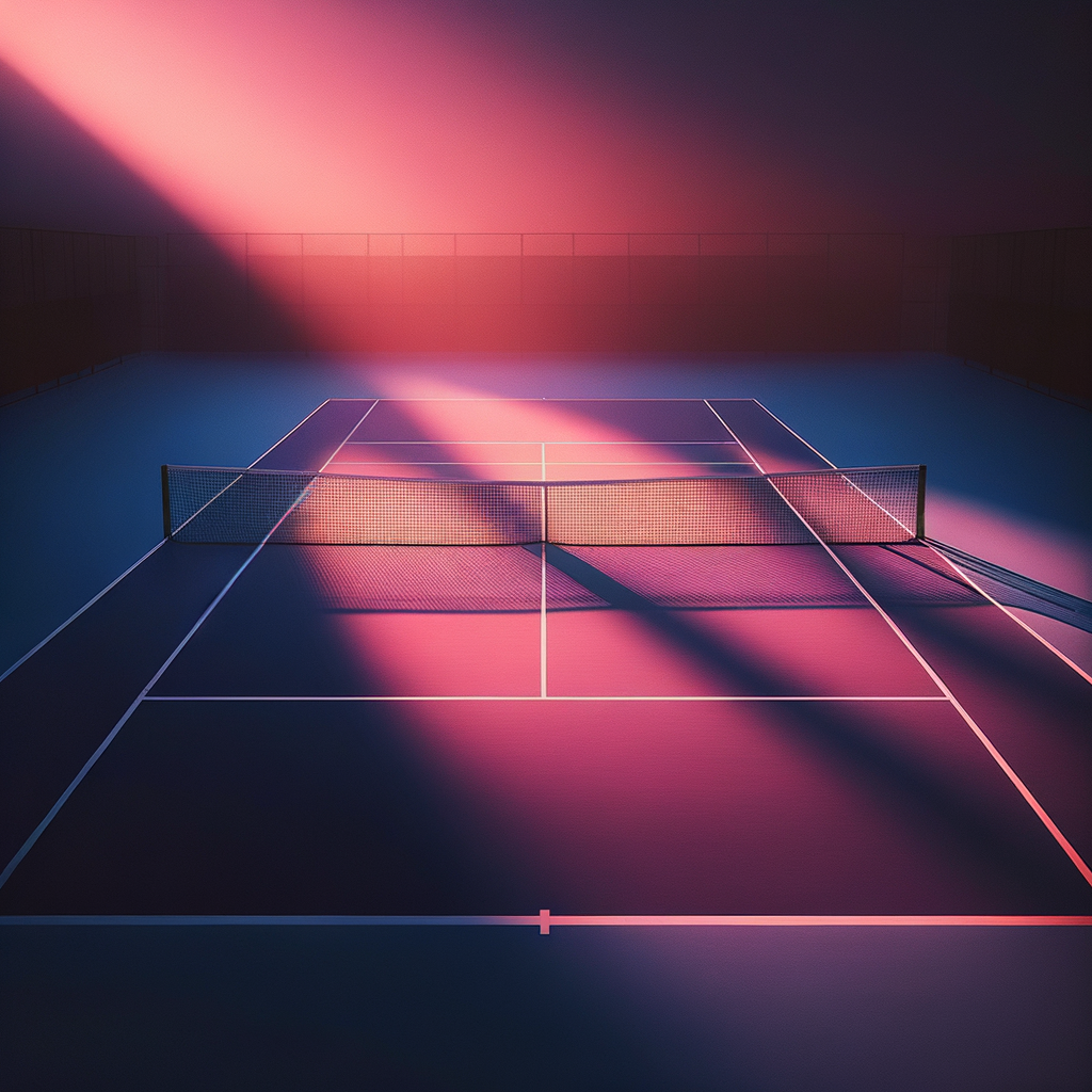 An empty tennis court stretching out under magical twilight hues, symbolizing mastery and potential.