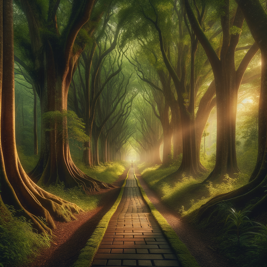 A tranquil forest pathway leading towards a bright light, symbolizing progress
