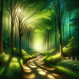 A tranquil forest path, symbolizing a journey to inner peace and clarity through hypnosis