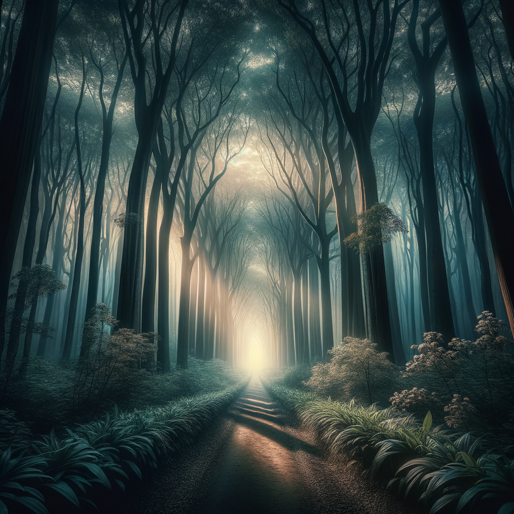 A peaceful winding path through a lush, tranquil forest.