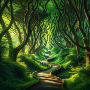 Path winding through a serene forest symbolizing the pathway towards calm chess strategy