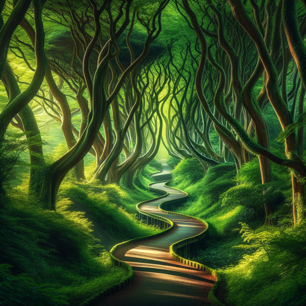 Path winding through a serene forest symbolizing the pathway towards calm chess strategy