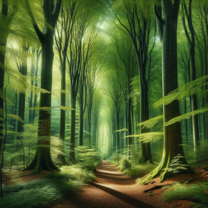 A peaceful path in a dense, tranquil forest environment.