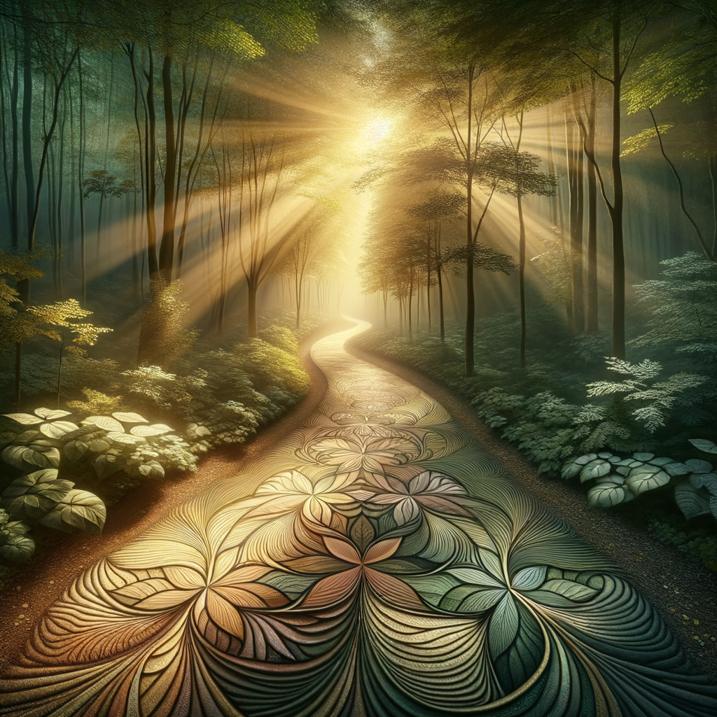 Mystical forest path leading towards the horizon, symbolizing transformation and resilience building.