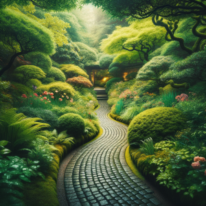 Serene garden pathway leading to a hidden area of calm with lush greenery