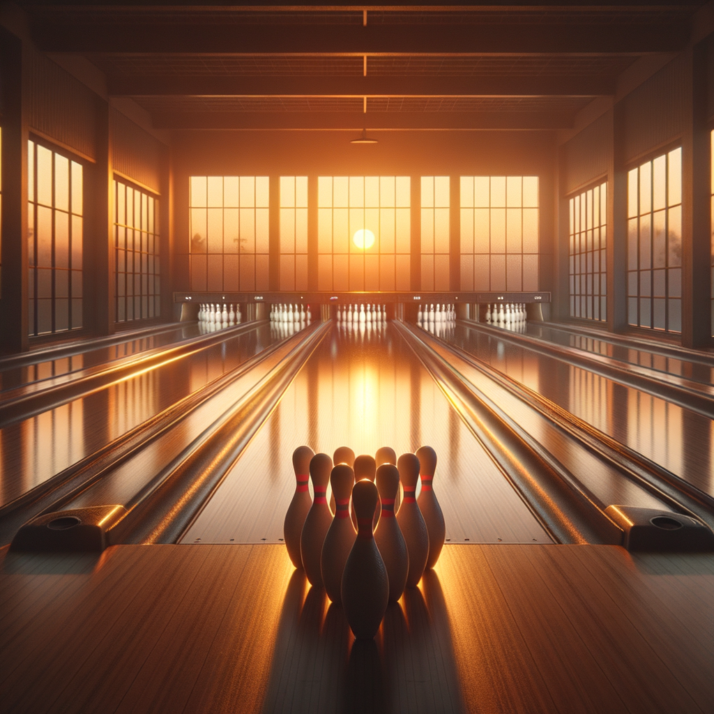 A serene visualization of a bowling alley at sunset.