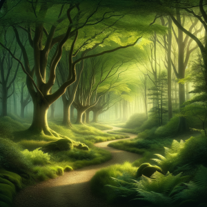 Tranquil forest path symbolizing journey through hypnosis for fear of heights