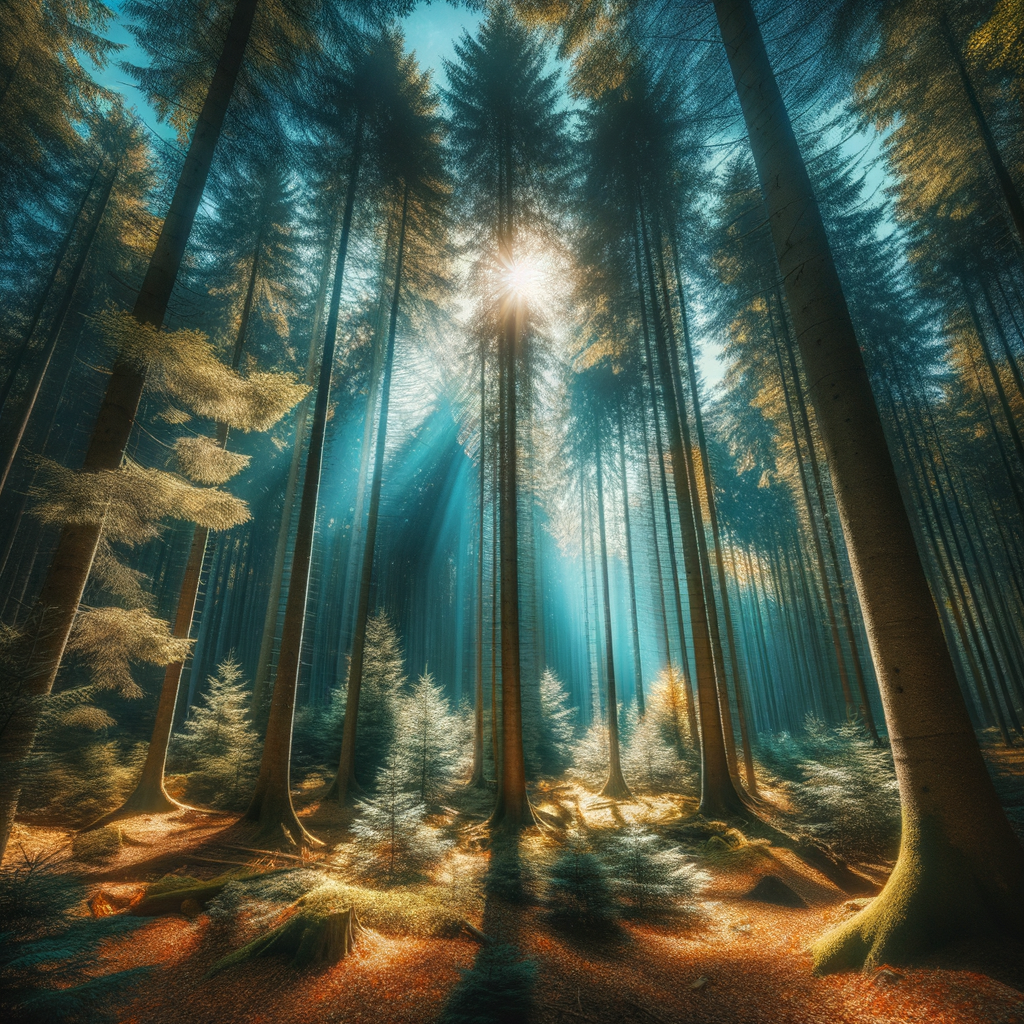 A peaceful forest scene with sunlight filtering through tall trees