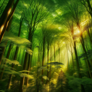 Sunlight filtering through tall, lush forest trees