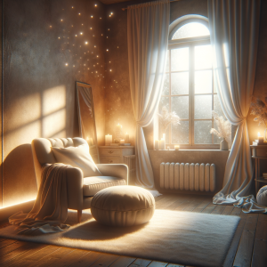 tranquil meditation space with soft lighting and cozy elements
