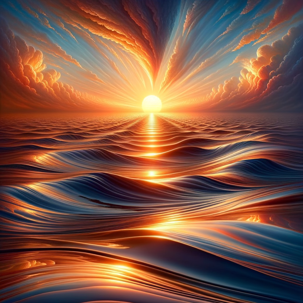 A peaceful sunrise casting golden light over gentle waves, symbolizing new beginnings and hope