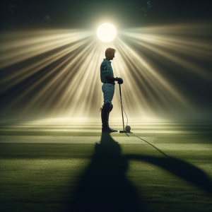 Polo player holding a mallet on a grassy field at sunrise