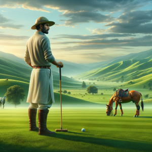 Polo player sitting calmly with a horse in a tranquil equestrian setting