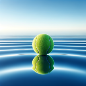 A single tennis ball balanced on a calm ocean.