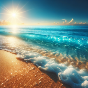 Calm and pristine ocean waves gently lapping against a sandy beach, evoking a sense of peace and relaxation.