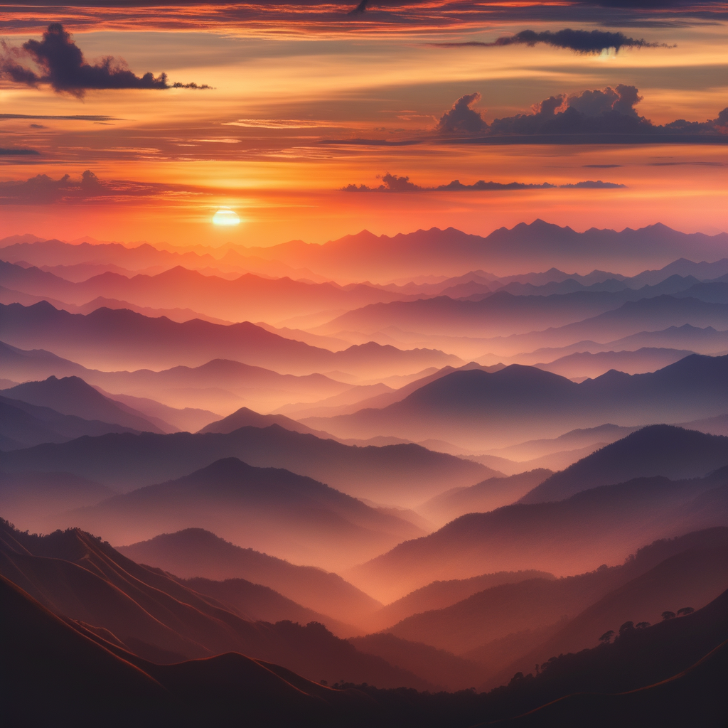 Sunset casting a warm glow over a tranquil mountain range