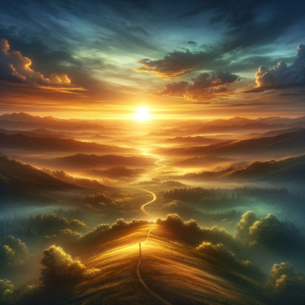 Radiant sunrise over a calm landscape symbolizing authentic leadership awakening