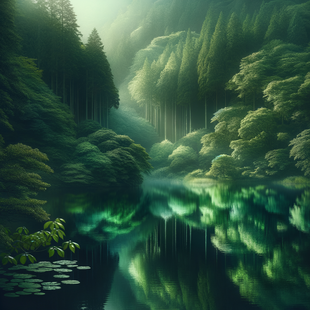 A person reflecting beside a tranquil forest lake