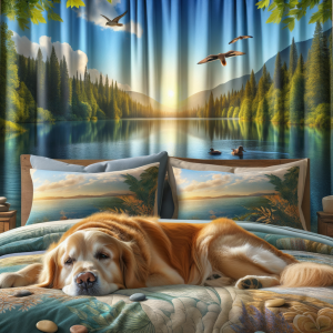 relaxed dog lying comfortably with a serene natural background