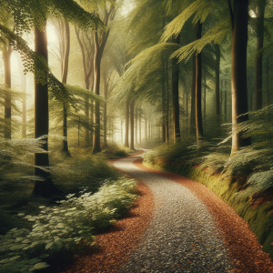 Tranquil forest path with soft dappled sunlight symbolizes relaxation through hypnosis