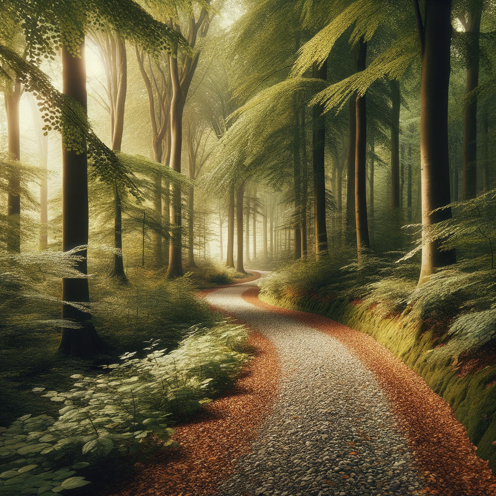 Tranquil forest path with soft dappled sunlight symbolizes relaxation through hypnosis