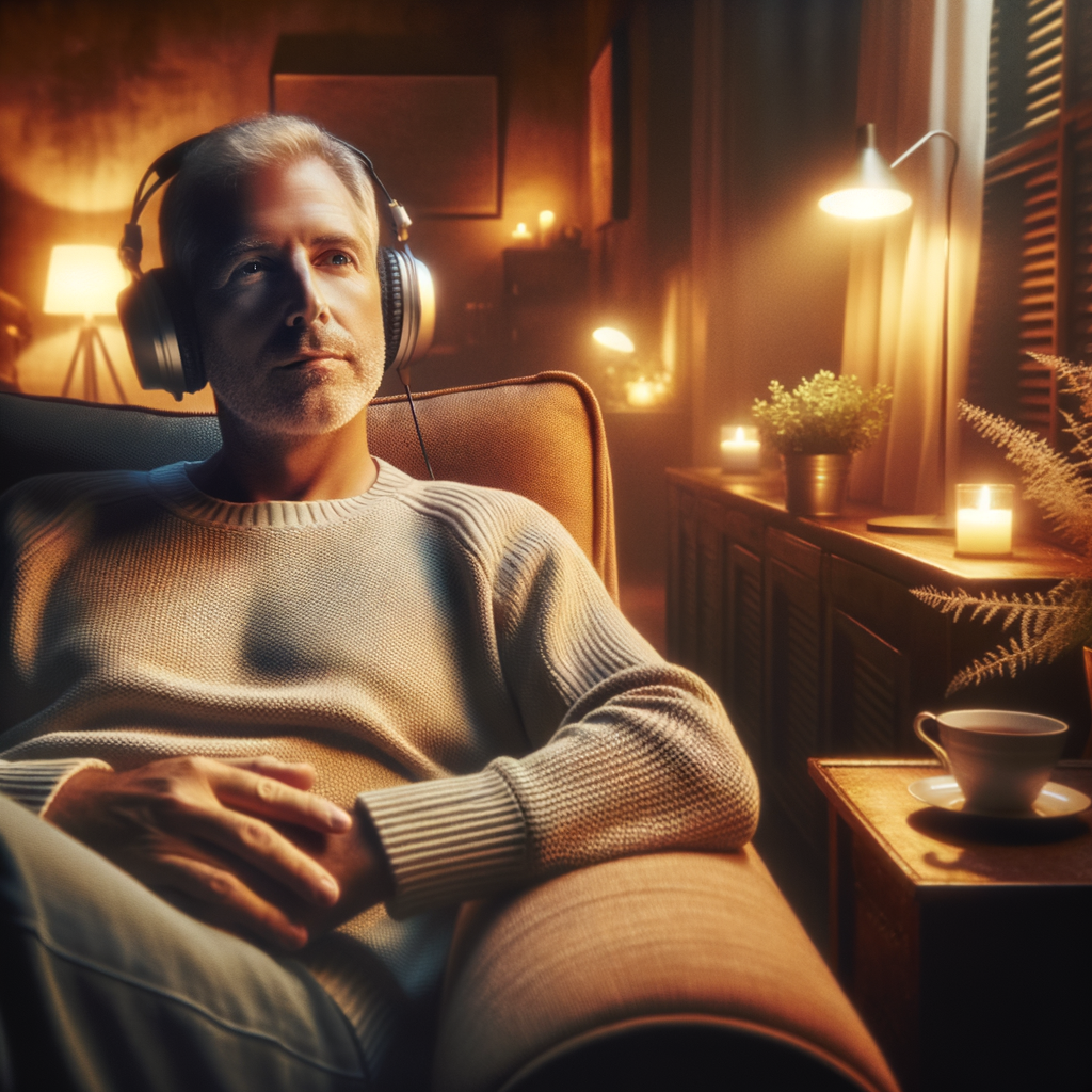 person relaxing with headphones on a cozy sofa