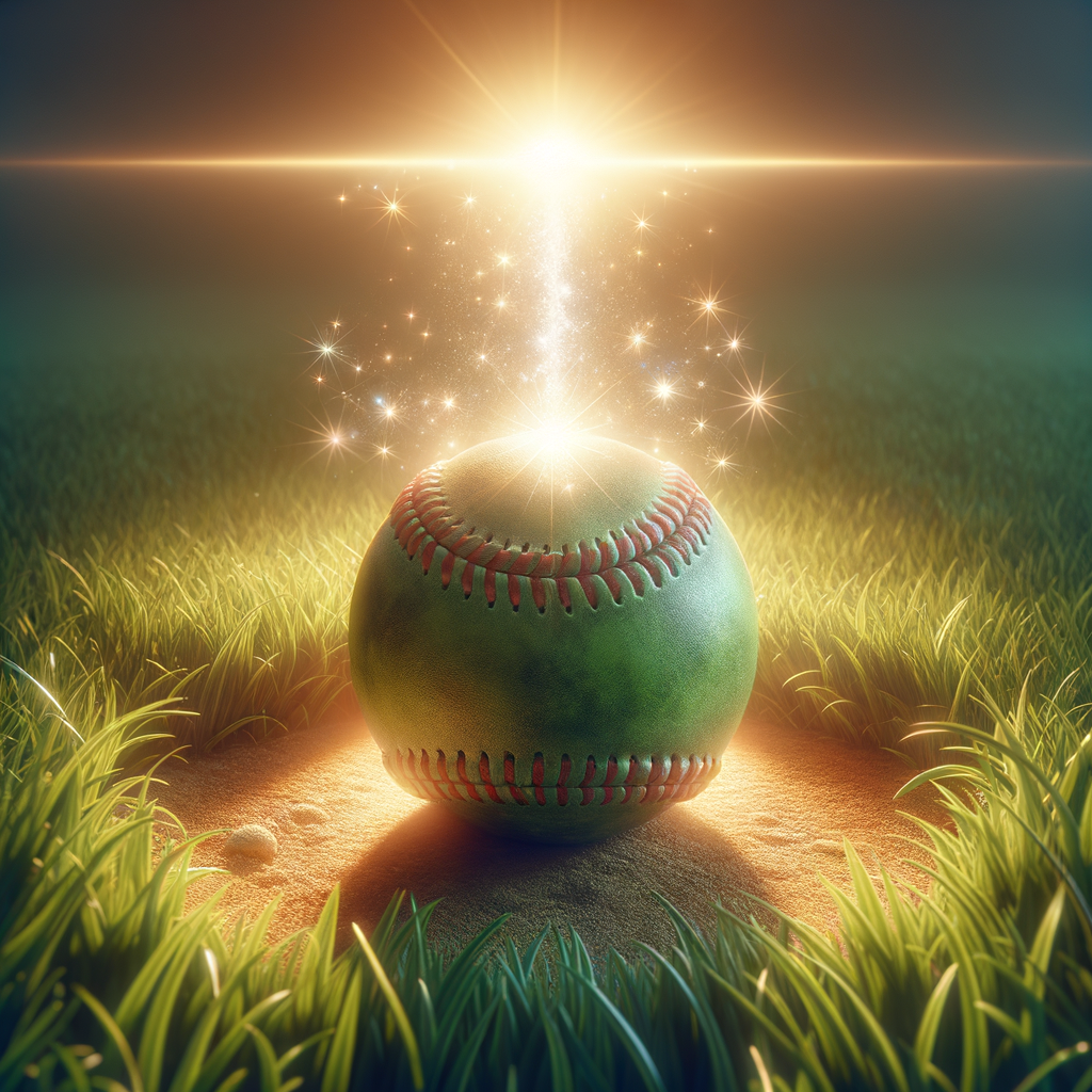 Finely detailed softball amid green grass under sunshine