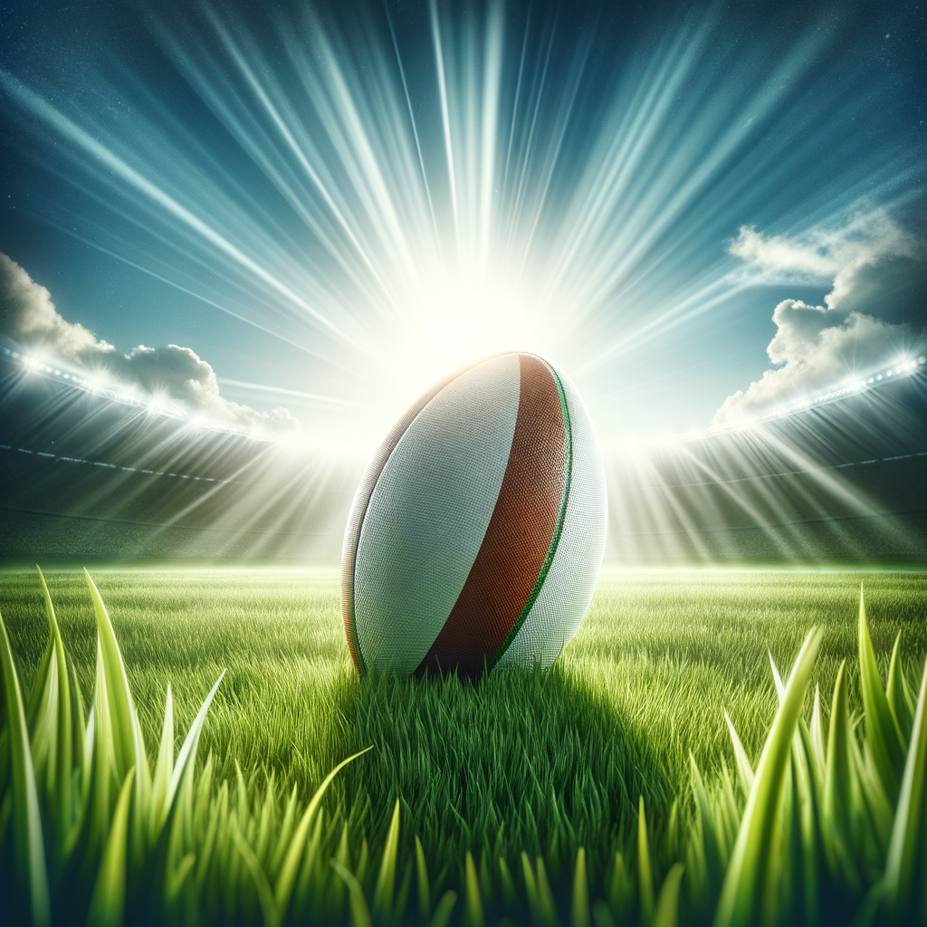 A rugby field with a lone rugby ball under a clear, bright sky