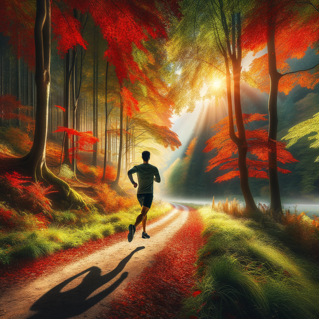 Lone runner effortlessly gliding along a scenic path through the forest in vibrant autumn colors.