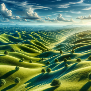 A beautiful scenic landscape with rolling hills and clear blue skies, perfect for a cross-country run.