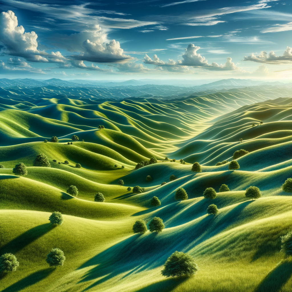 A beautiful scenic landscape with rolling hills and clear blue skies, perfect for a cross-country run.