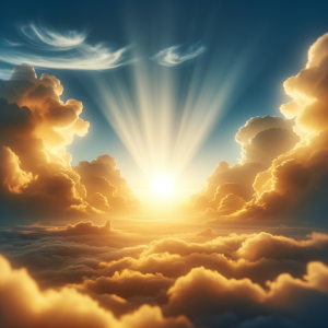 Radiant light breaking through clouds, symbolizing rising self-confidence