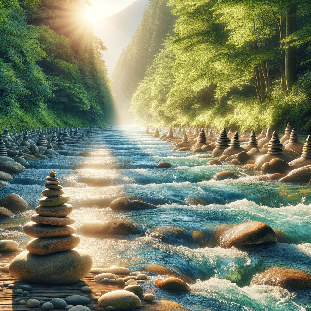 Balanced stones by a river in a natural setting, symbolizing harmony as a result of breaking free from alcohol