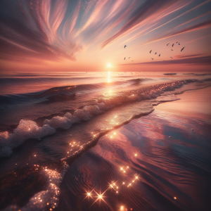 A tranquil beach at sunset with gentle waves lapping the shore