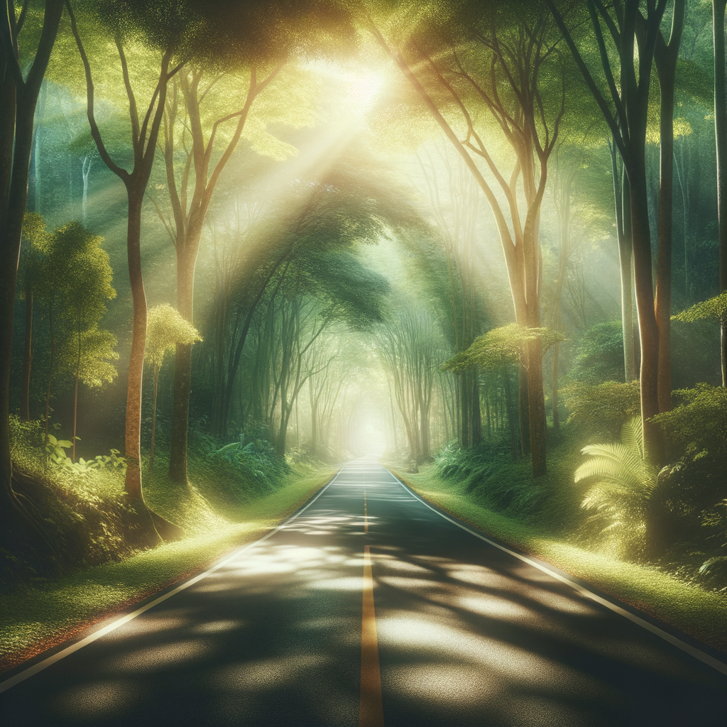 An empty road with sunlight streaming through the trees, suggesting a serene driving path.