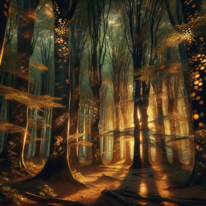 Tranquil enchanted forest at sunset