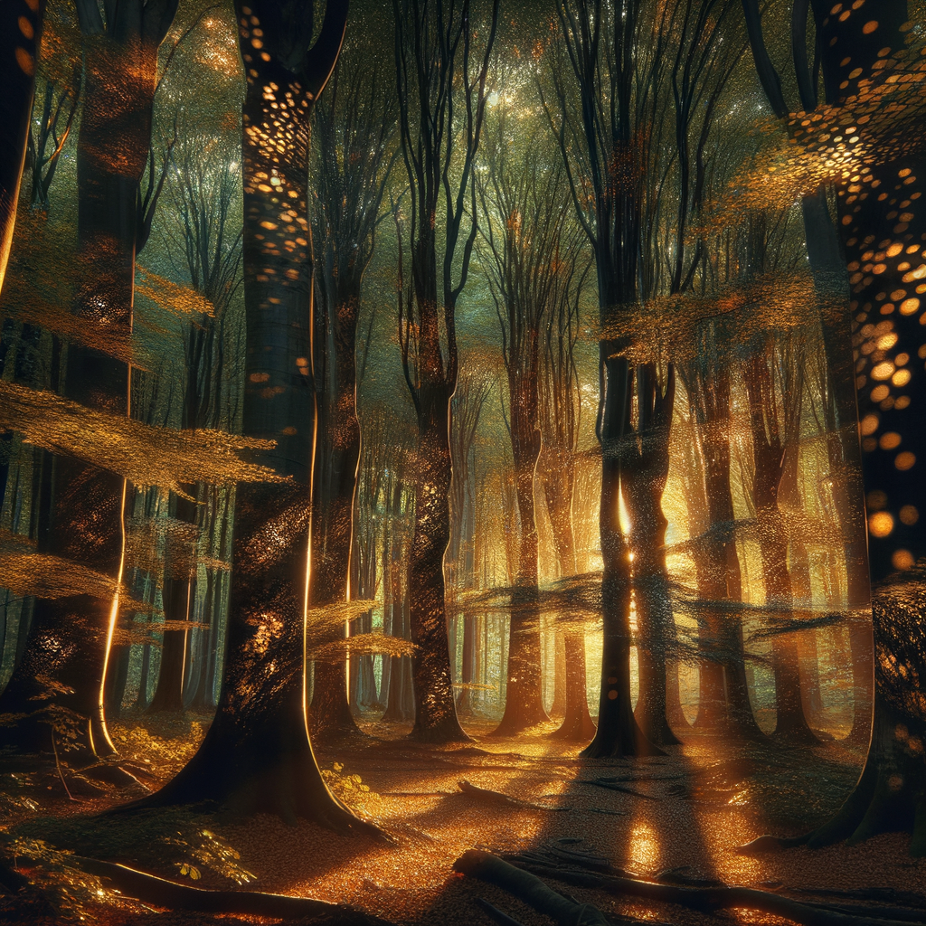 Tranquil enchanted forest at sunset