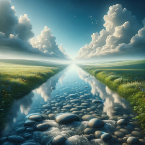 Calming landscape symbolizing the mind's potential for creativity with serene elements like tranquil waters and open sky