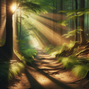 A tranquil path through a dense, serene forest, symbolizing the journey to inner peace and anger control.