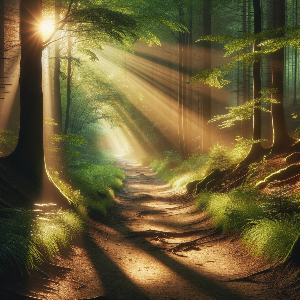 A tranquil path through a dense, serene forest, symbolizing the journey to inner peace and anger control.