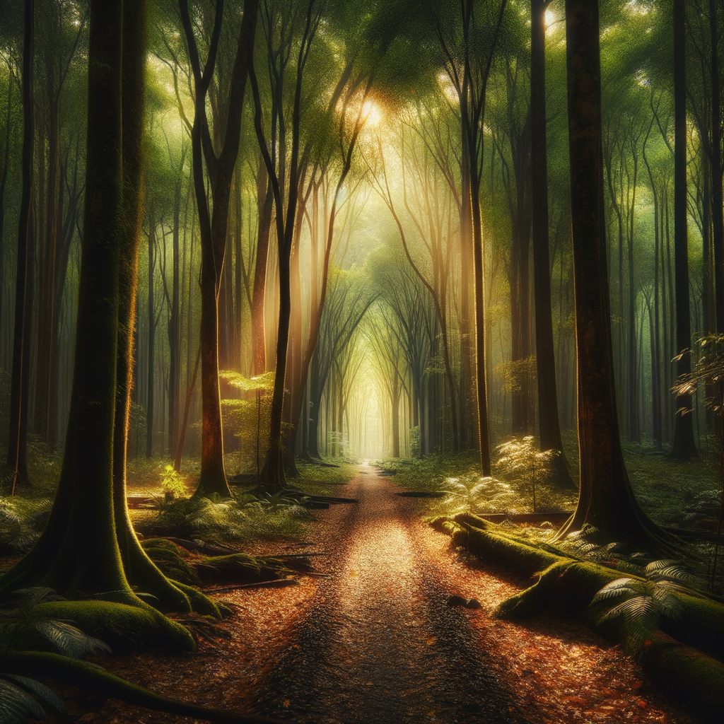A serene forest path bathed in dappled sunlight, symbolizing the journey to emotional balance.