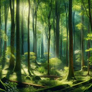 A serene forest evoking calm and relaxation