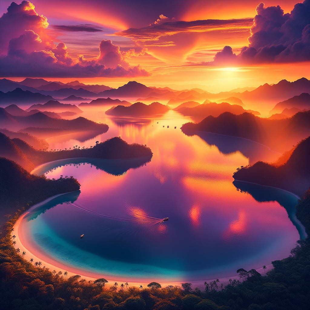 Scenic sunset over a tranquil blue lagoon