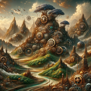 Majestic scenery of a clockwork kingdom with gears and serene landscapes