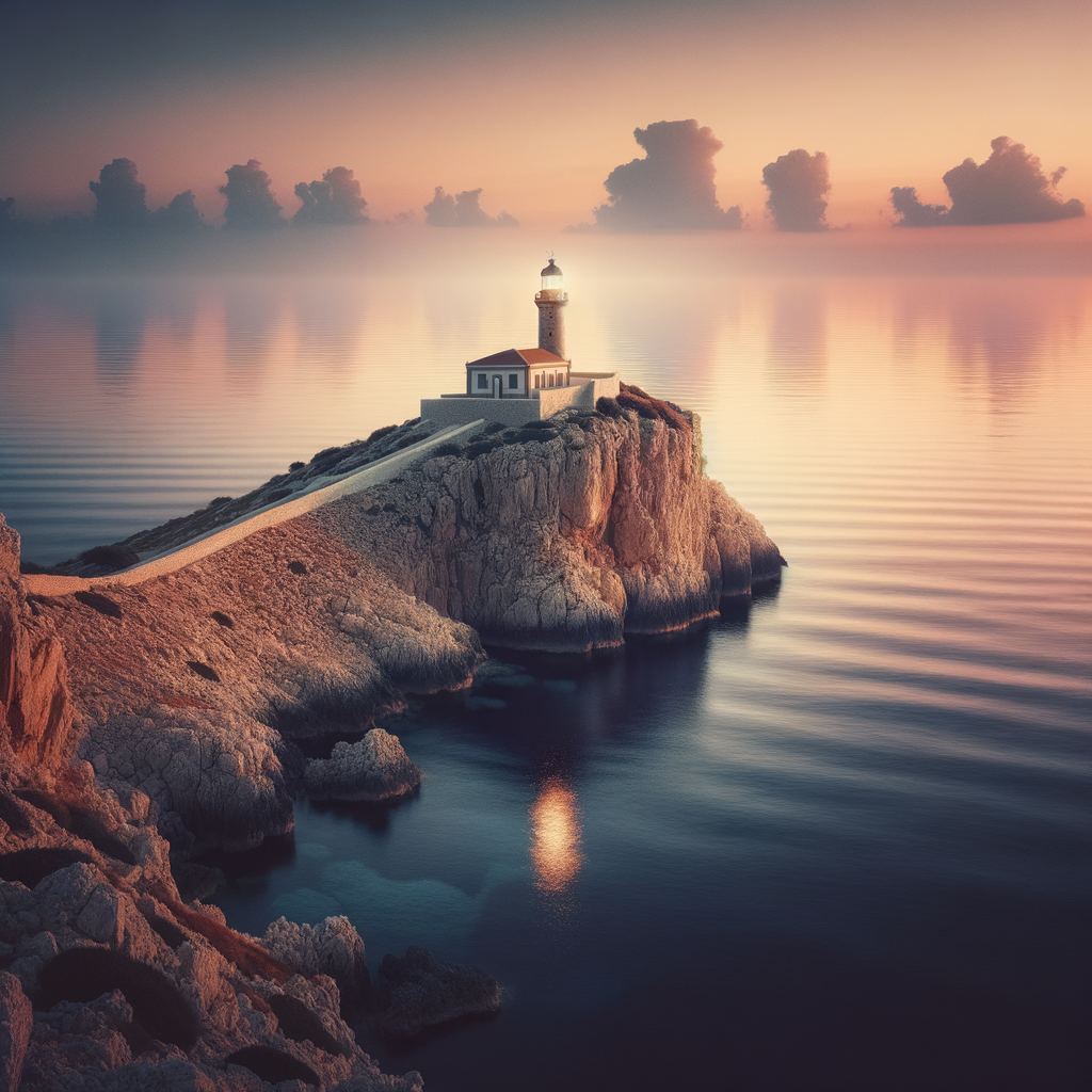 A serene lighthouse on a cliff overlooking a calm sea, symbolizing guidance and safety during hypnosis